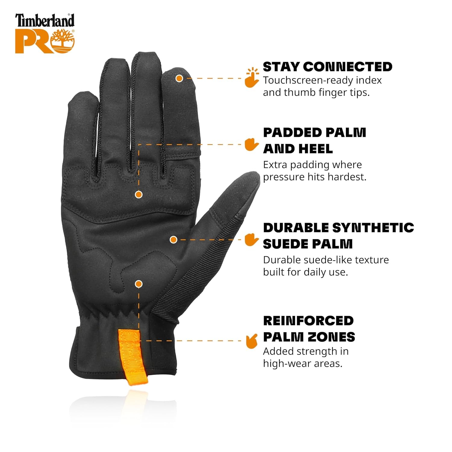 Timberland PRO Men’s Construction Work Gloves – Stretch Nylon Back Hand – Synthetic Leather Palm – Reinforced Palm and Knuckle – Touchscreen Compatible – Machine Washable, Black, Medium