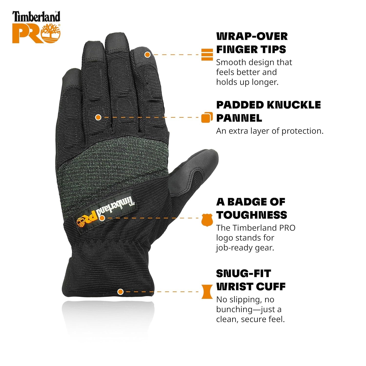 Timberland PRO Men’s Construction Work Gloves – Stretch Nylon Back Hand – Synthetic Leather Palm – Reinforced Palm and Knuckle – Touchscreen Compatible – Machine Washable, Black, Medium