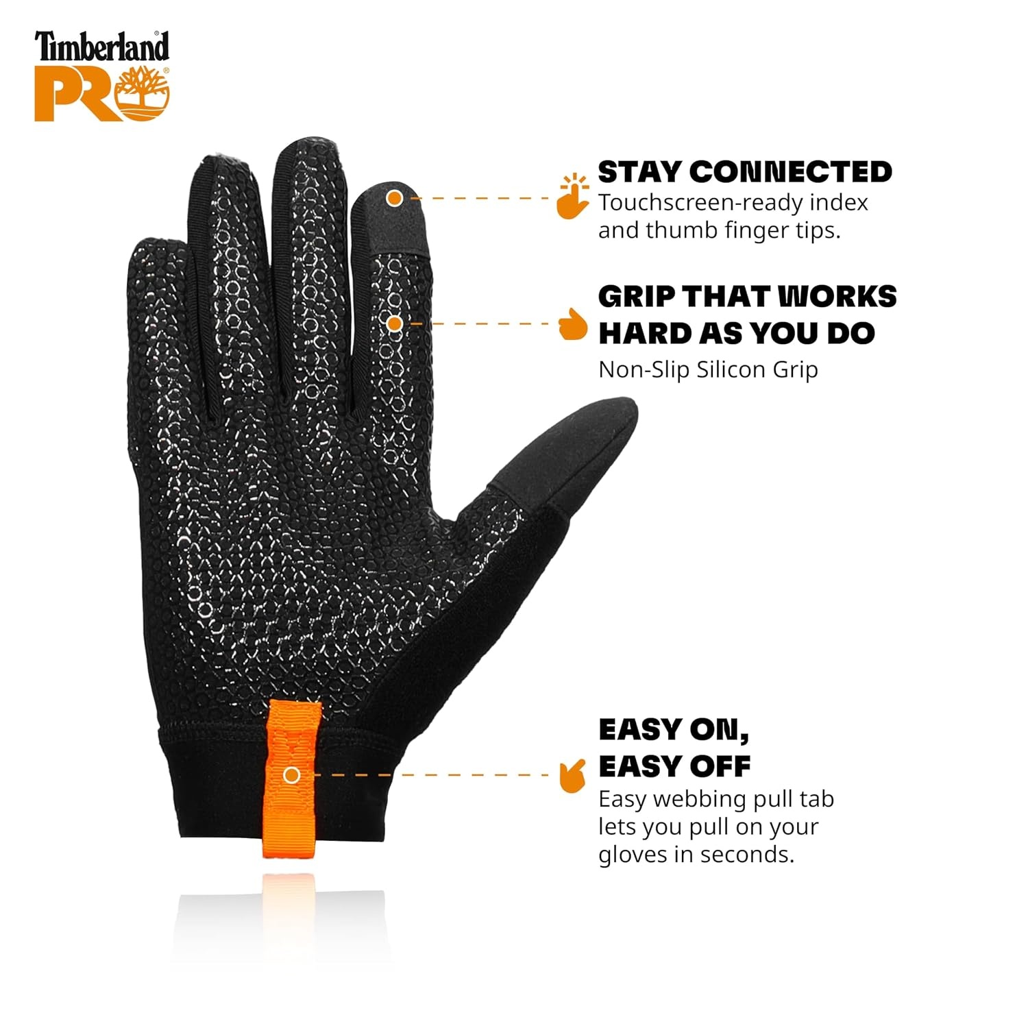 Timberland PRO Men’s Gripper Work Gloves – Stretch Nylon Back Hand – Synthetic Leather Palm – Silicone Grip Print – Touchscreen Compatible – Machine Washable, Black, Medium