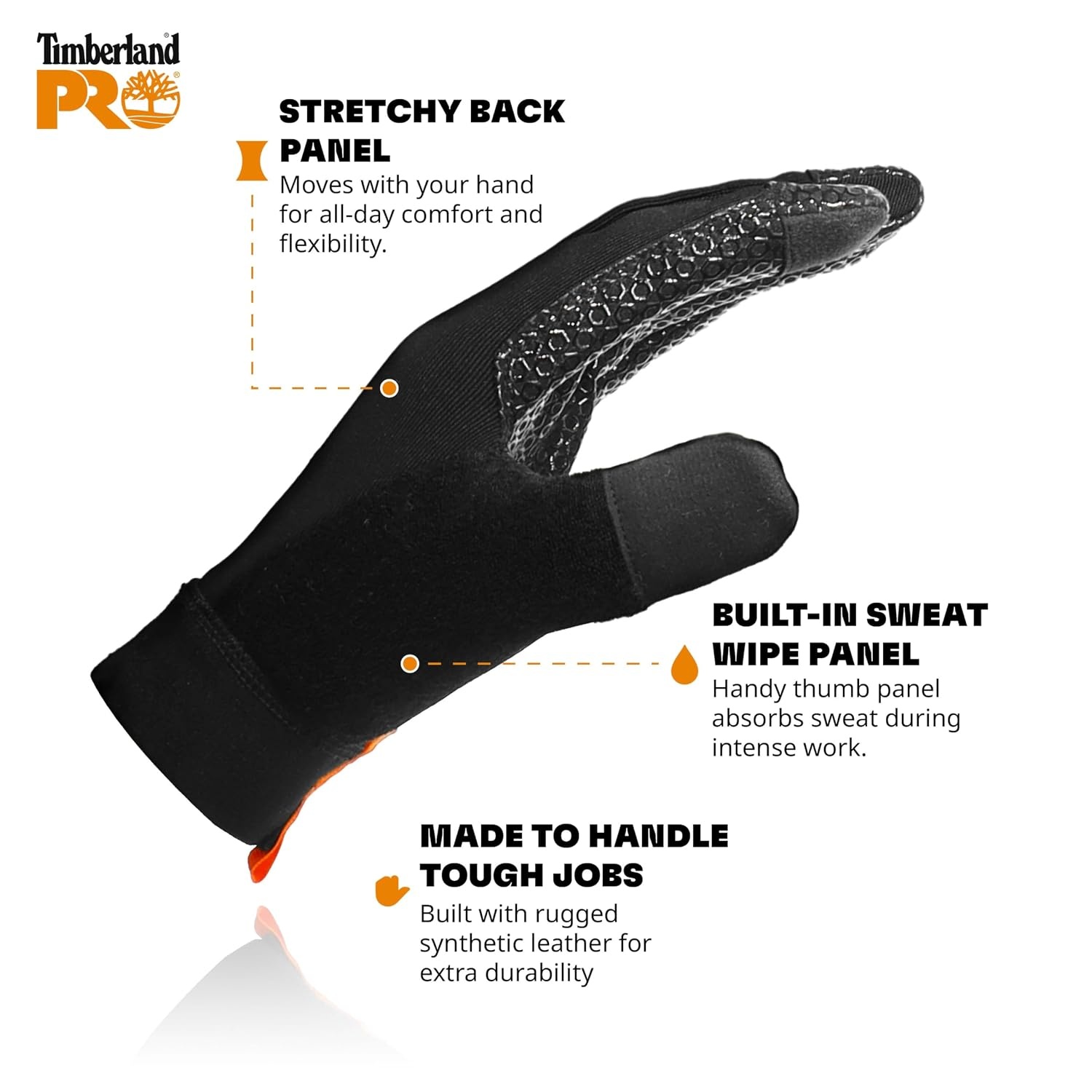 Timberland PRO Men’s Gripper Work Gloves – Stretch Nylon Back Hand – Synthetic Leather Palm – Silicone Grip Print – Touchscreen Compatible – Machine Washable, Black, Medium
