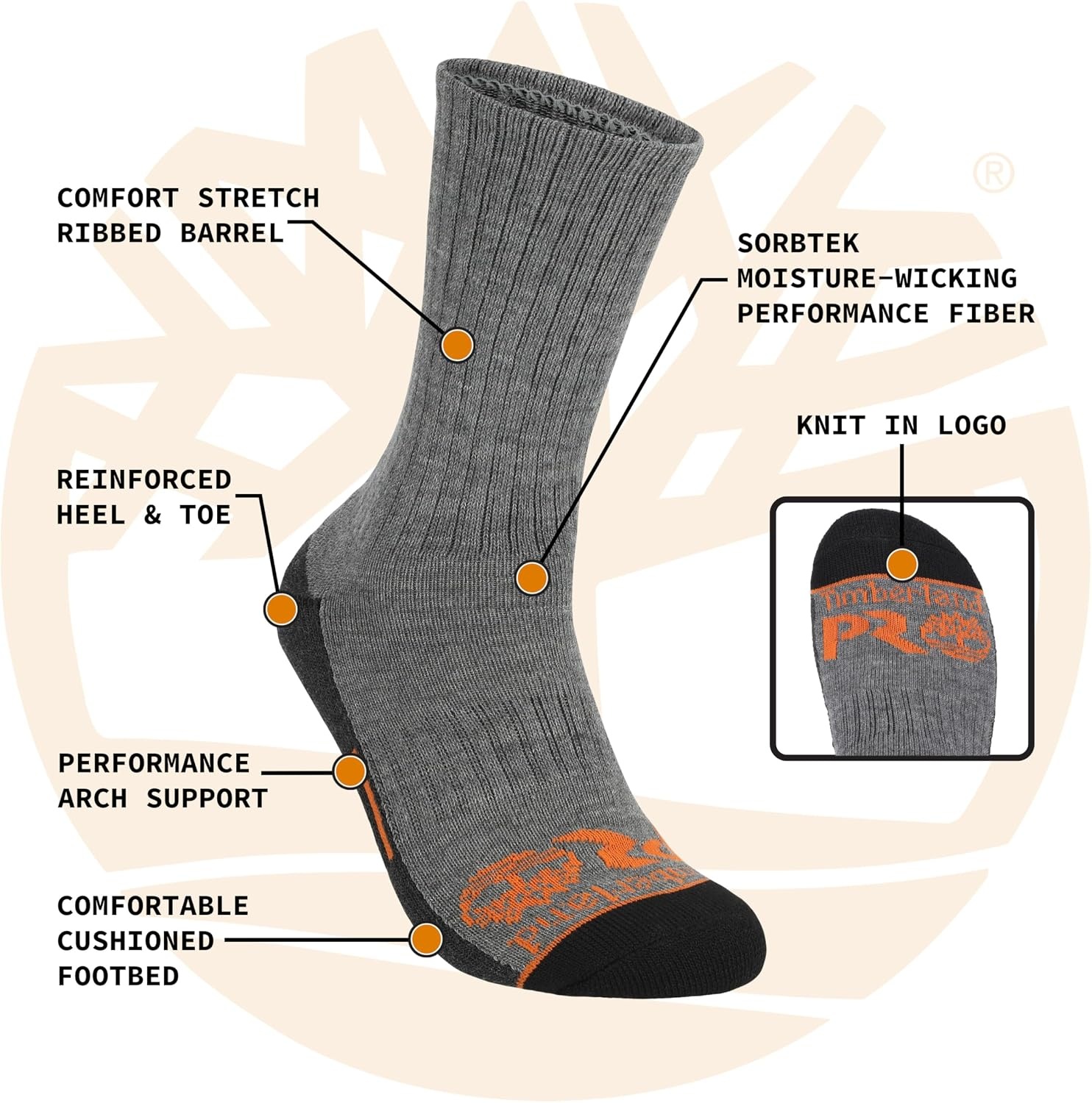 Timberland PRO Mens Sorbtek Moisture Control Mens Socks, Arch Support, Cushioned Footbed (Size 7-12; 6 Pairs) set(Grey)