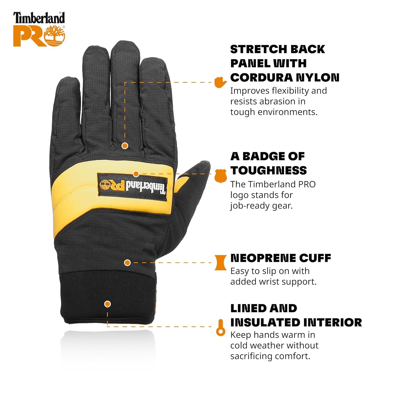 Timberland PRO Men’s All Weather Insulated Work Gloves – Waterproof Breathable Insert – Stretch Nylon Rip-Stop Back Hand – Reinforced Palm Grip – Touchscreen Compatible, Black Wheat, Large(Black Wheat)