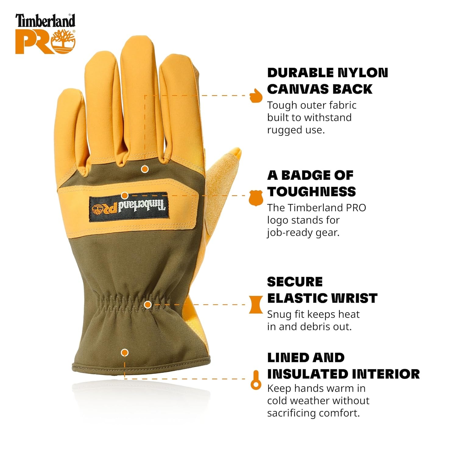 Timberland PRO Men’s Insulated Canvas and Synthetic Leather Gloves – Durable Nylon Back Hand – Reinforced Palm and Thumb – Abrasion Resistant – Machine Washable, Wheat Multi, XX-Large