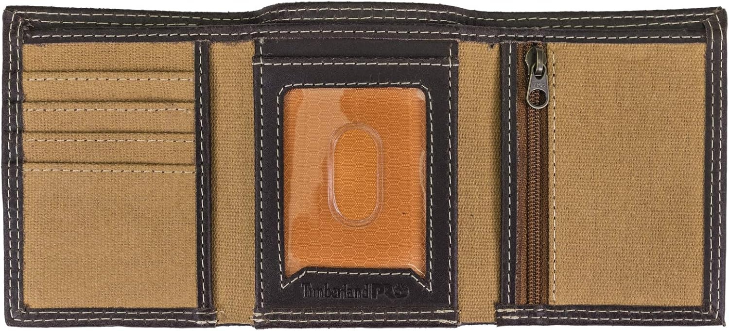 Timberland PRO Men’s Canvas Leather RFID Trifold Wallet with Zippered Pockets(Khaki)