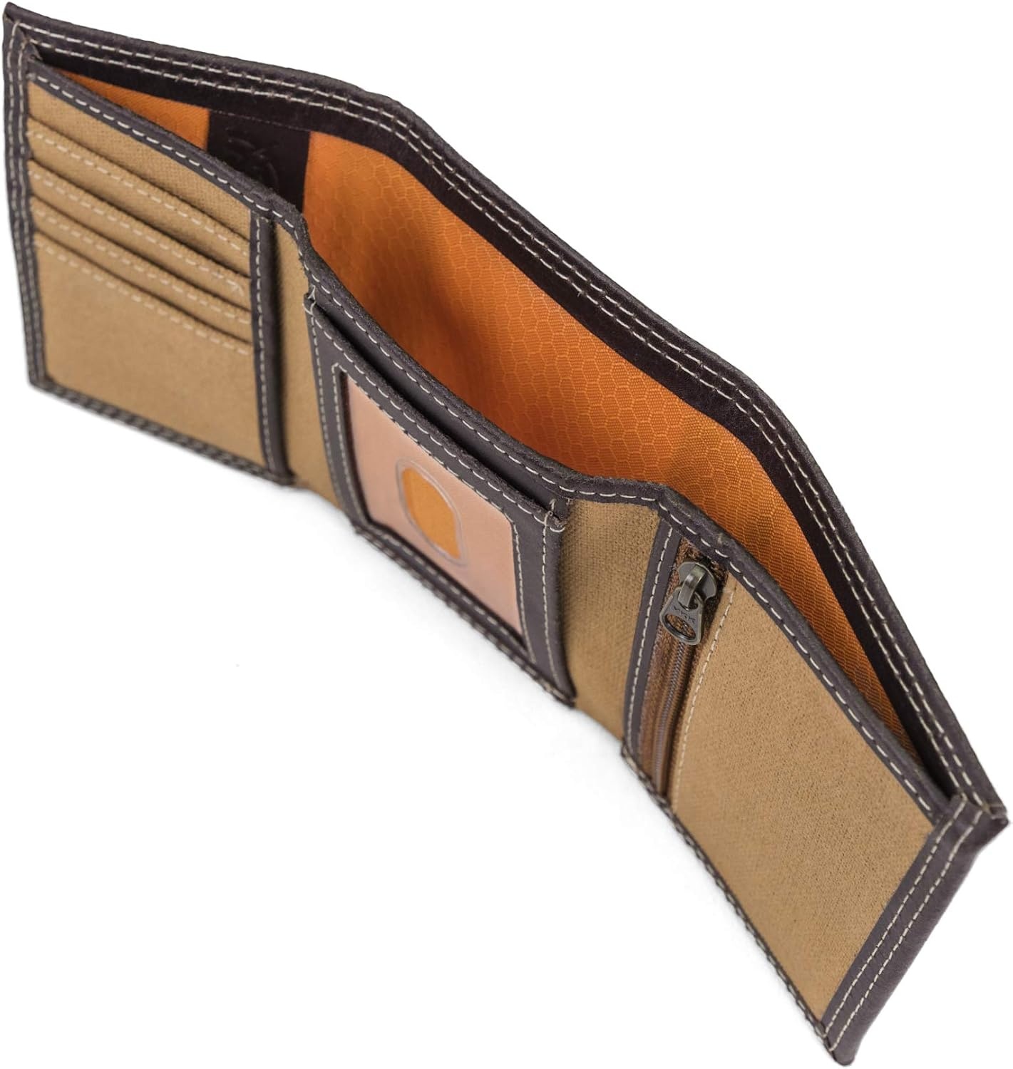Timberland PRO Men’s Canvas Leather RFID Trifold Wallet with Zippered Pockets(Khaki)