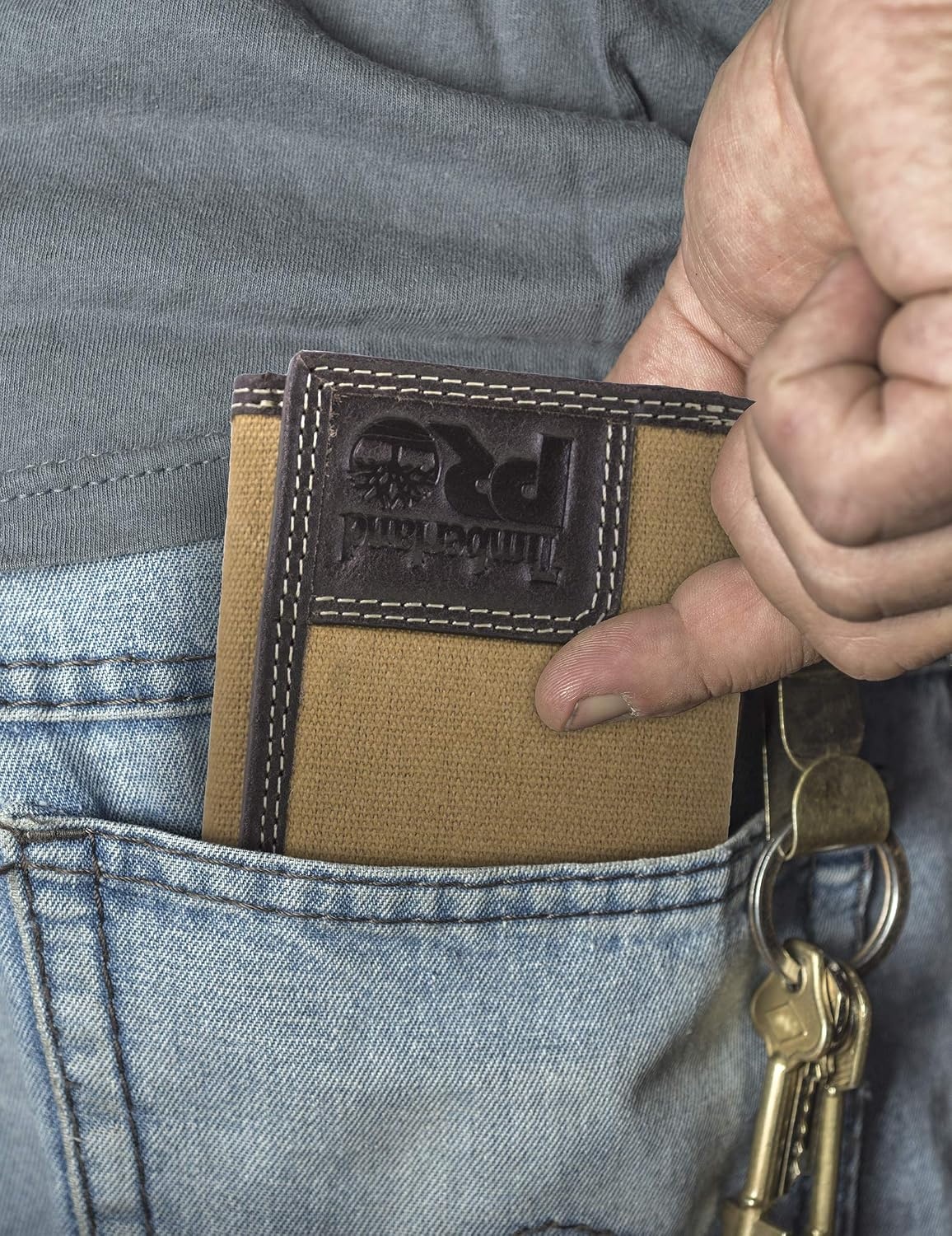 Timberland PRO Men’s Canvas Leather RFID Trifold Wallet with Zippered Pockets(Khaki)