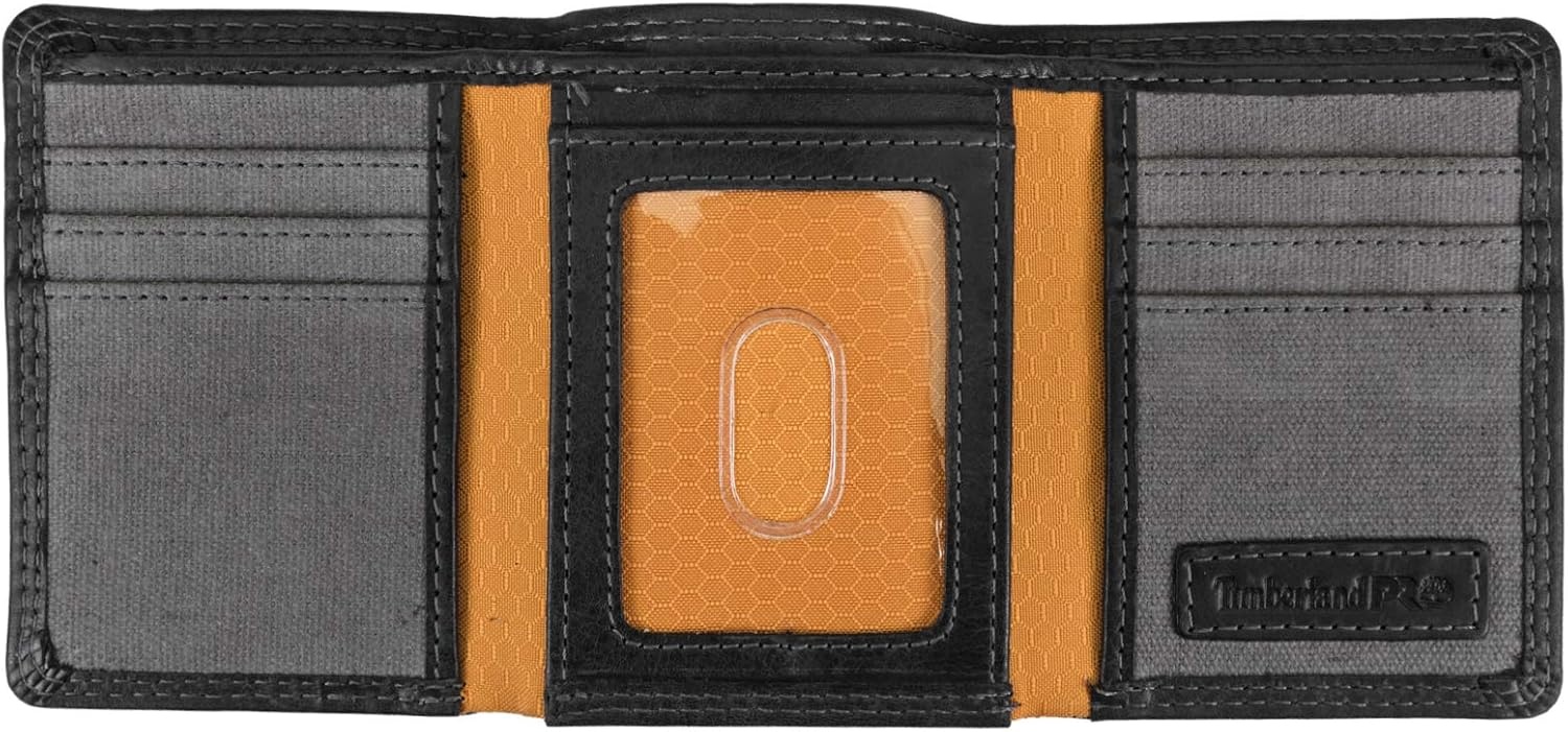 Timberland PRO Men’s Leather Trifold Wallet with ID Window, Black/Bullard, One Size(Black/Brandy)