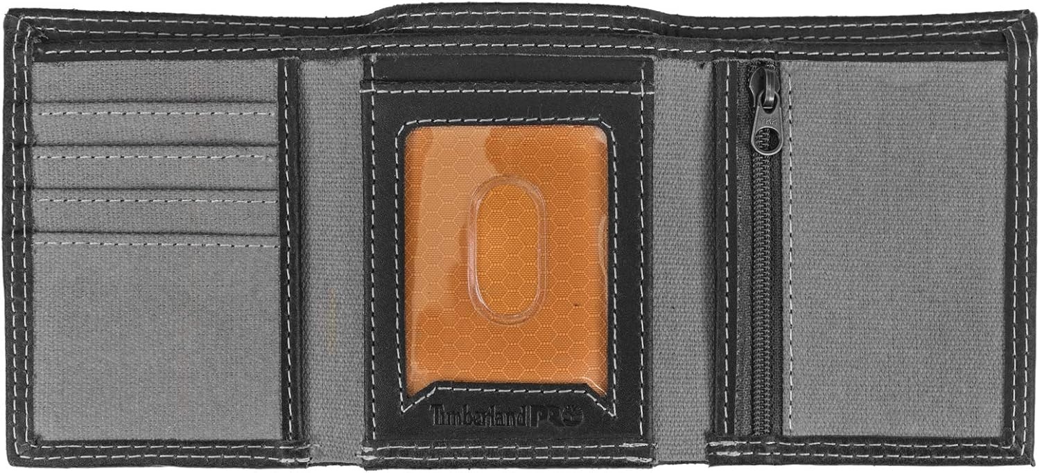 Timberland PRO Men’s Canvas Leather RFID Trifold Wallet with Zippered Pockets(Charcoal)