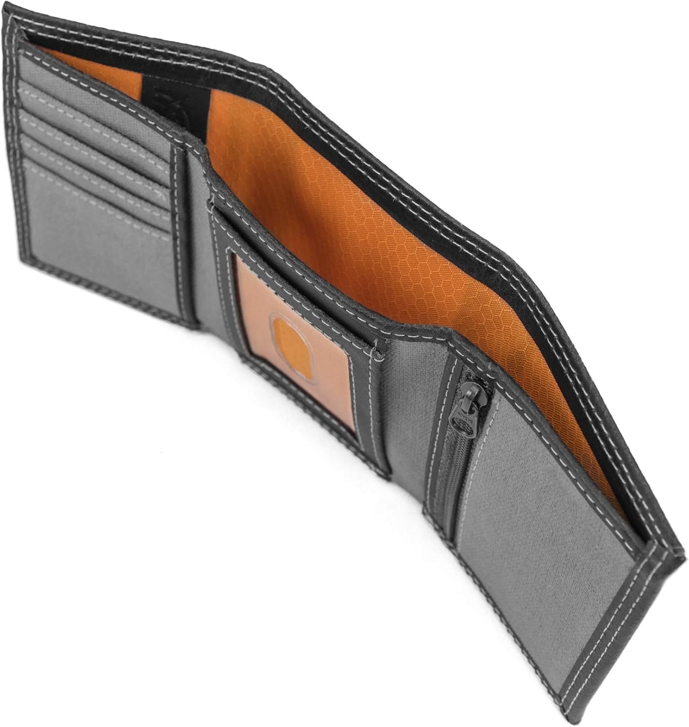 Timberland PRO Men’s Canvas Leather RFID Trifold Wallet with Zippered Pockets(Charcoal)