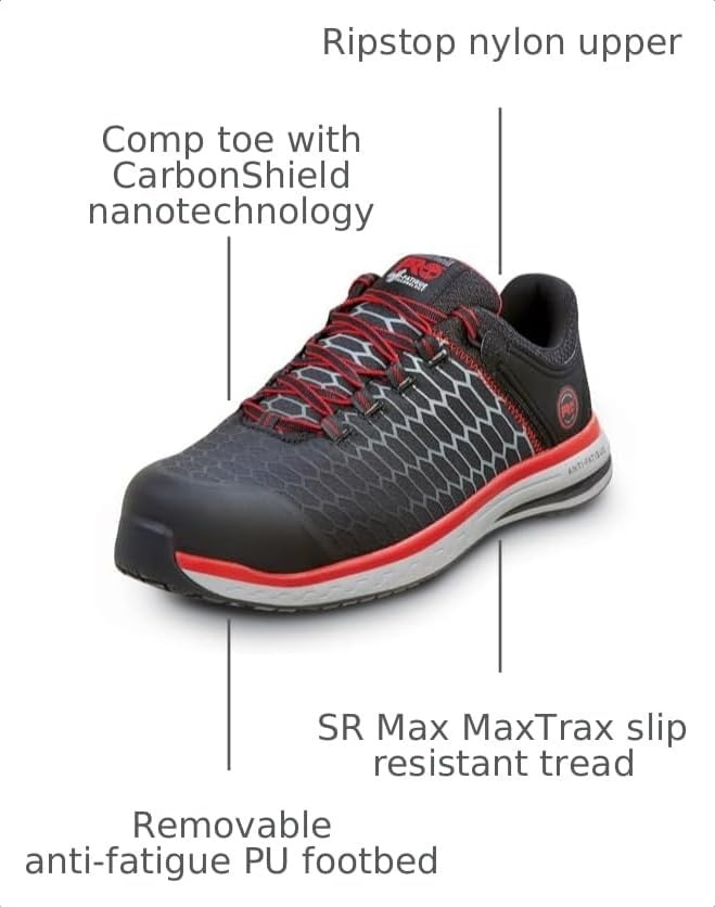Timberland PRO Powerdrive, Men’s, Comp Toe, EH, MaxTrax Slip Resistant Low Athletic(Black/Red)