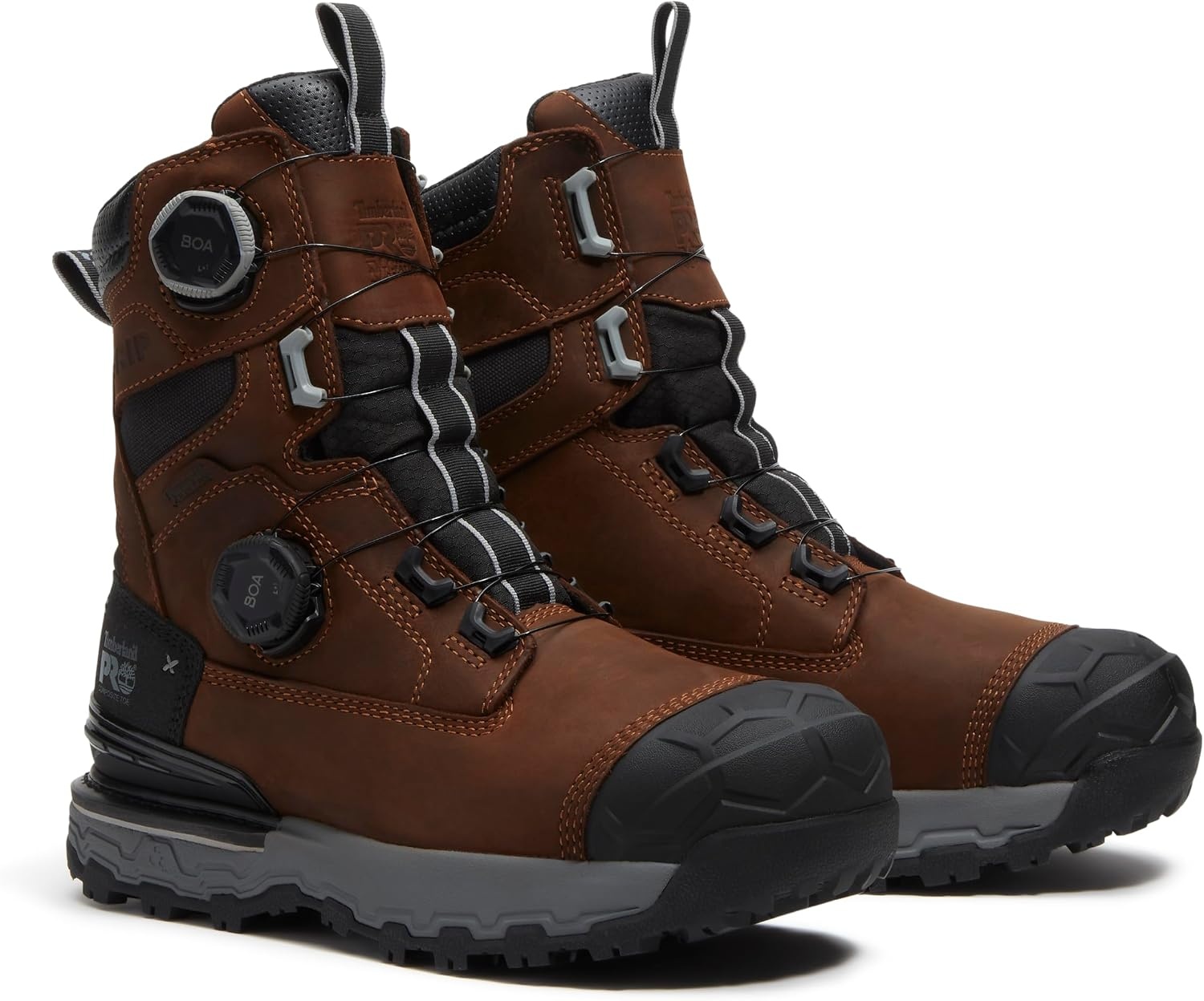 Timberland PRO Men’s Boondock Ultralight Boa 8 Inch Composite Safety Toe Waterproof Industrial Work Boot(Medium Brown Full Grain/Grey)