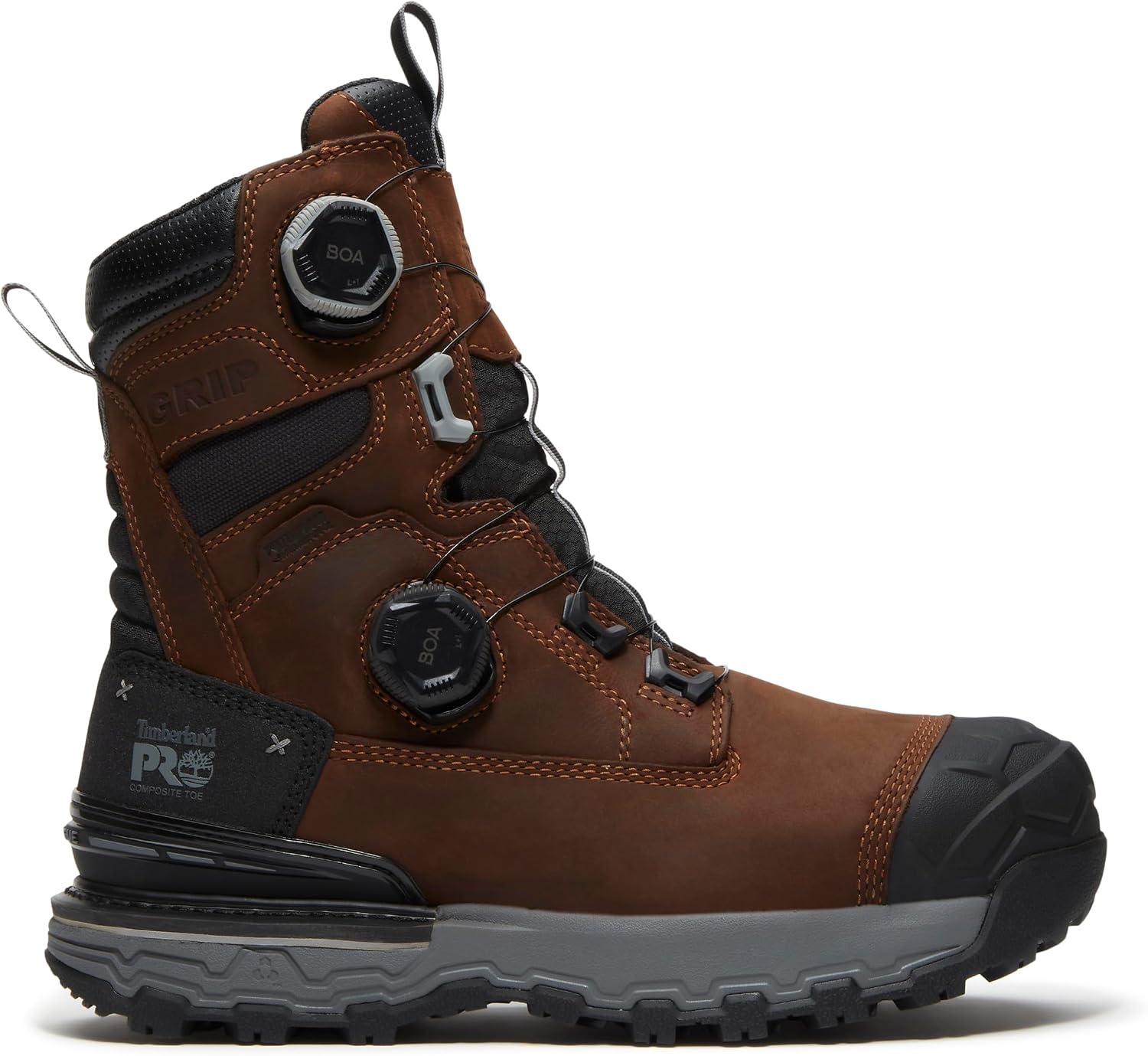 Timberland PRO Men’s Boondock Ultralight Boa 8 Inch Composite Safety Toe Waterproof Industrial Work Boot(Medium Brown Full Grain/Grey)