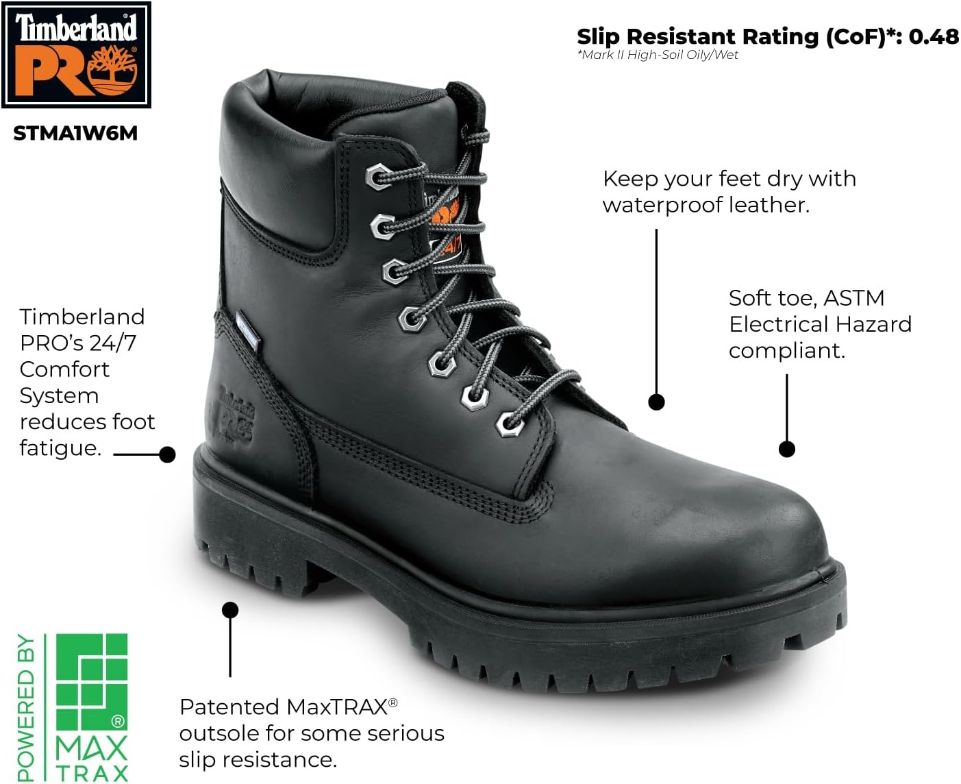 Timberland PRO Men’s 6 Direct Attach MaxTRAX Soft Toe Waterproof Insulated Boot(Black)