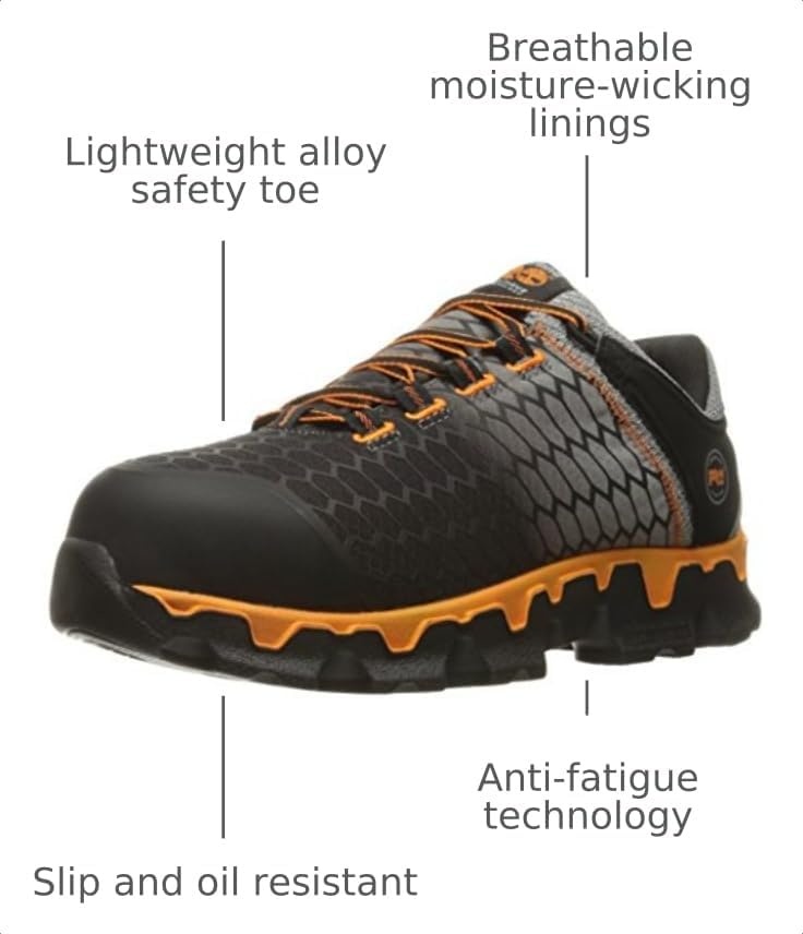 Timberland PRO Mens Powertrain Sport Alloy Safety Toe Static Dissipative Industrial Athletic Work Shoe(Black/Grey/Orange V1)