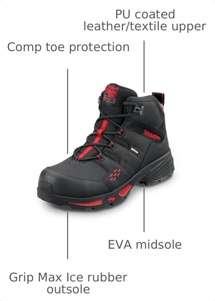 Timberland PRO Men’s Switchback LT Comp Toe Waterproof Hiker Work Boots(Black/Red)