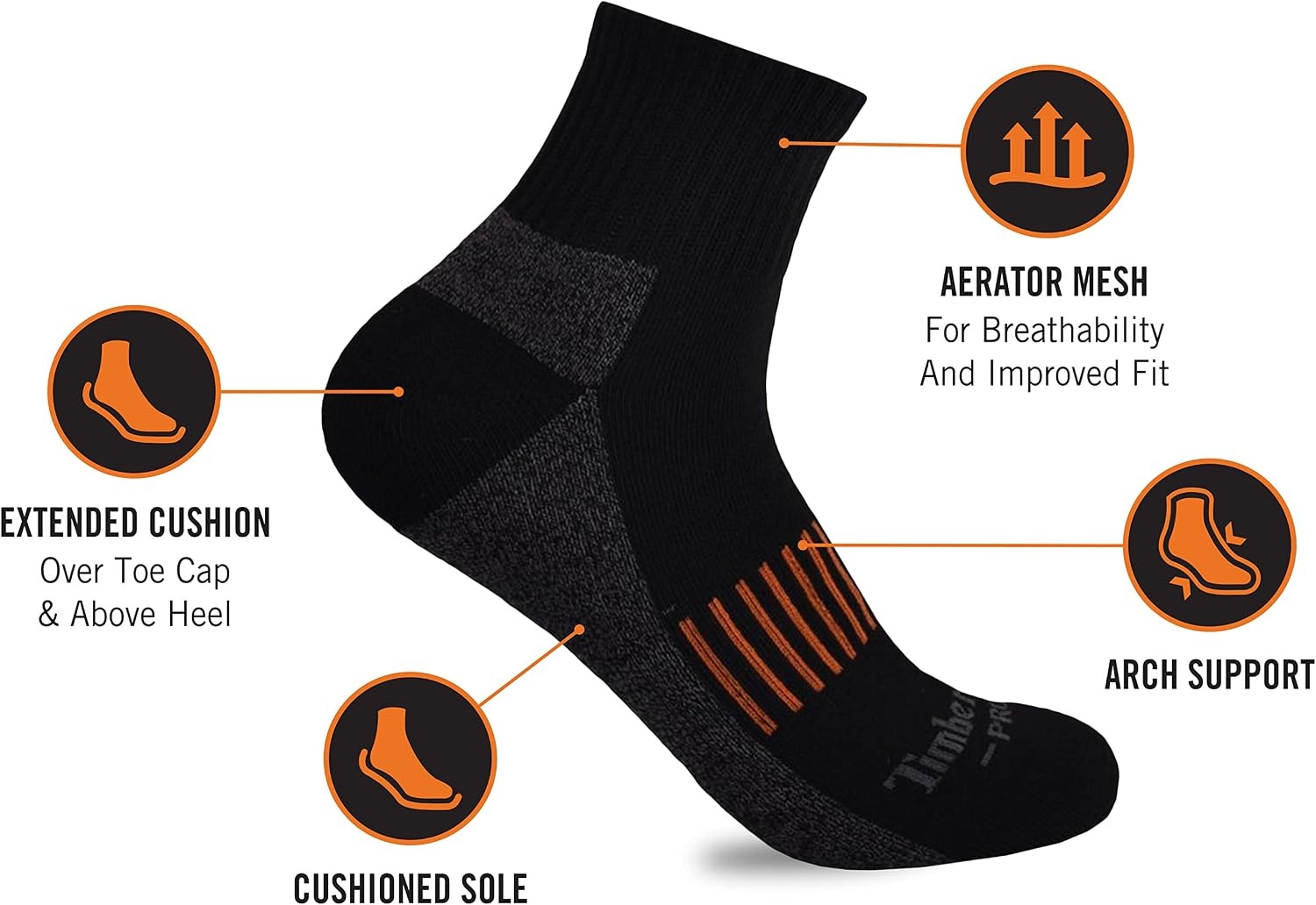 Timberland PRO 6-Pack Half Cushion Quarter Socks(Black (6 Pack))