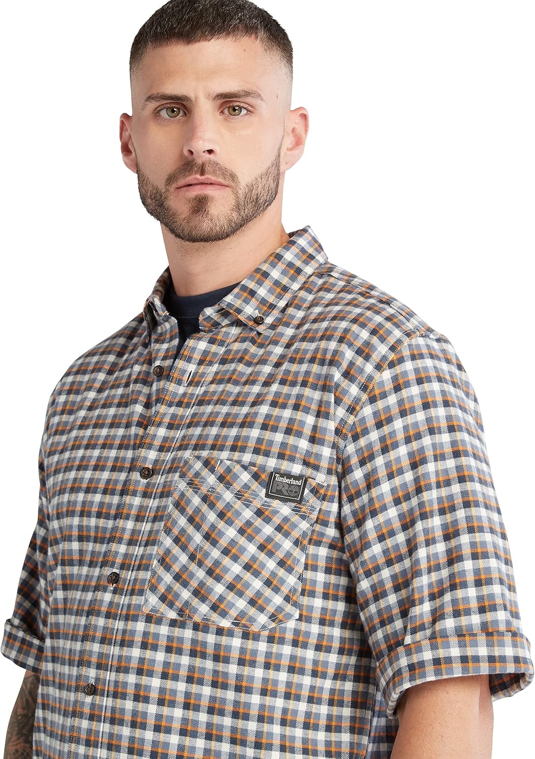 Timberland PRO Men’s Woodfort Short-Sleeve Lightweight Flannel Flex Shirt(Black Iris Yd)
