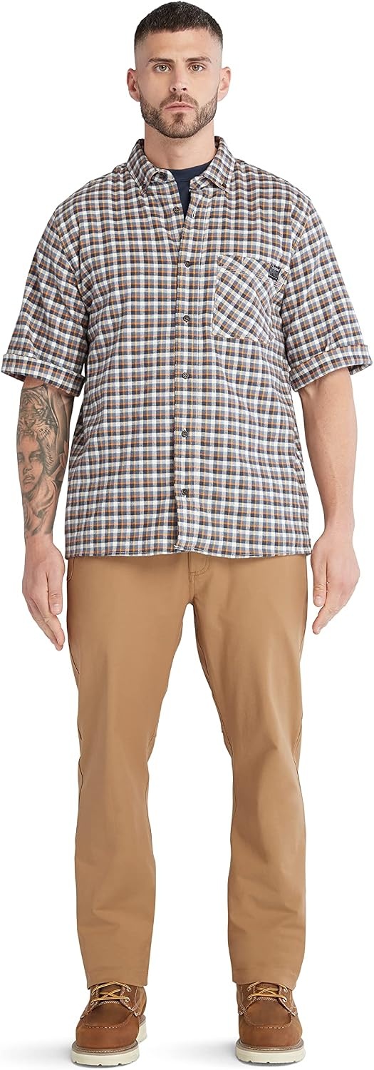 Timberland PRO Men’s Woodfort Short-Sleeve Lightweight Flannel Flex Shirt(Black Iris Yd)