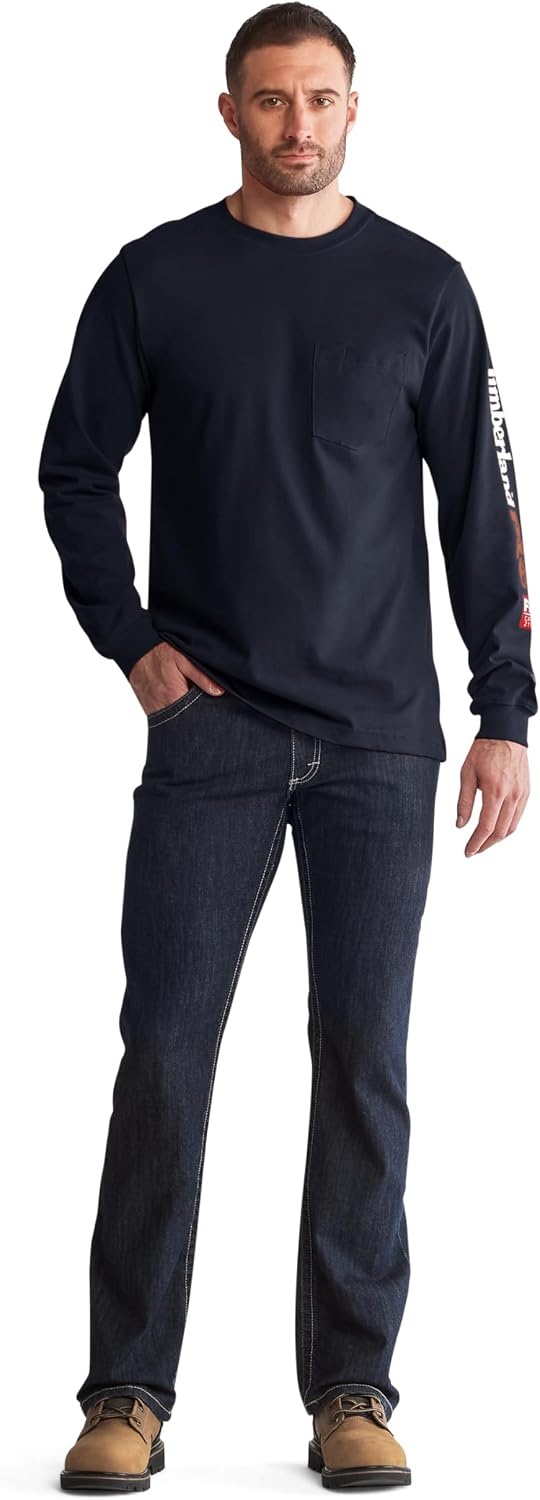 Timberland PRO Men’s Fr Cotton Core Flame Resistant Long-Sleeve Logo T-Shirt(Navy)
