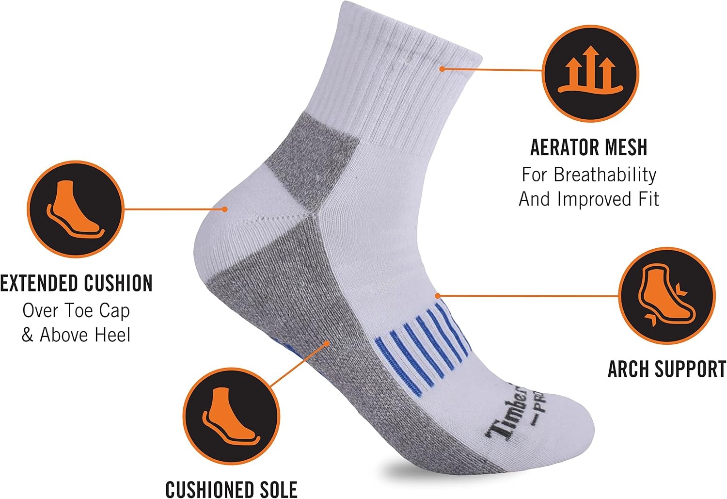Timberland PRO 6-Pack Half Cushion Quarter Socks(White (6 Pack))
