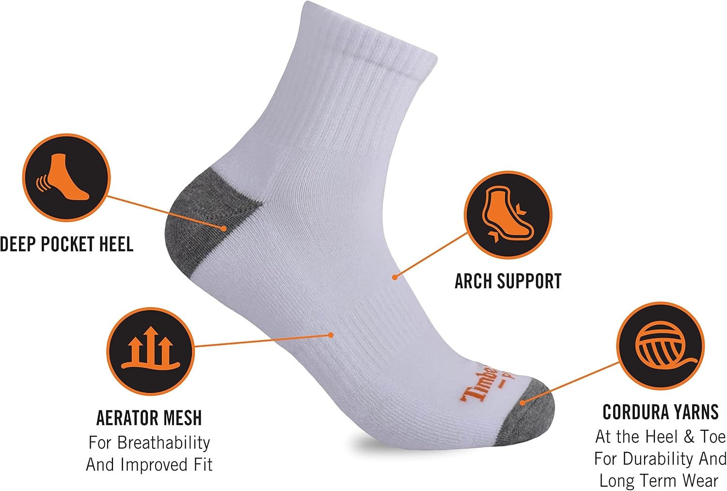 Timberland PRO mens 6-pack Performance Quarter Length Socks(White)