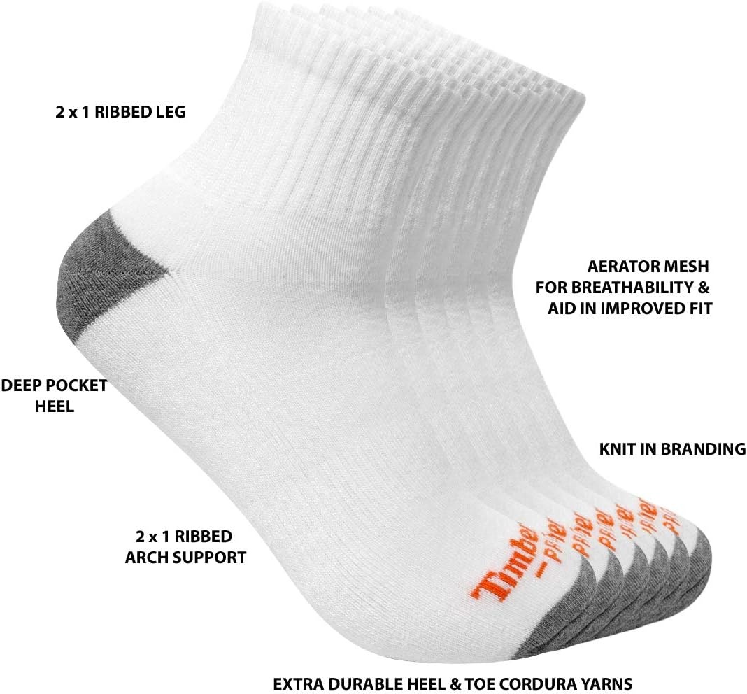 Timberland PRO mens 6-pack Performance Quarter Length Socks(White)