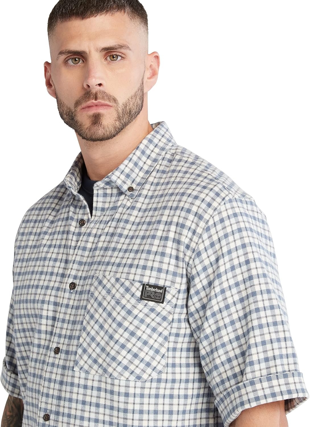 Timberland PRO Men’s Woodfort Short-Sleeve Lightweight Flannel Flex Shirt(Skyway Yd)