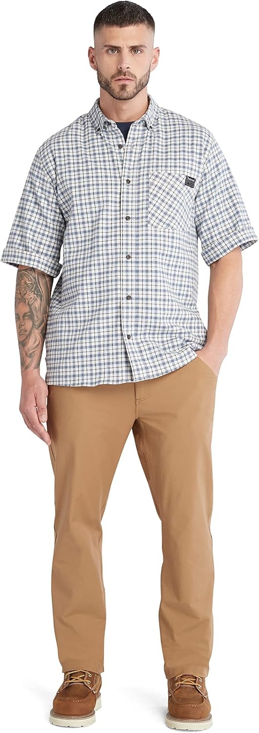 Timberland PRO Men’s Woodfort Short-Sleeve Lightweight Flannel Flex Shirt(Skyway Yd)