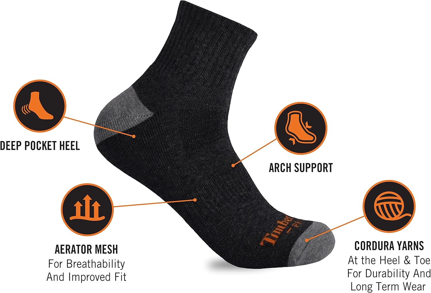Timberland PRO 6-Pack Half Cushion Quarter Socks(Charcoal Heather)