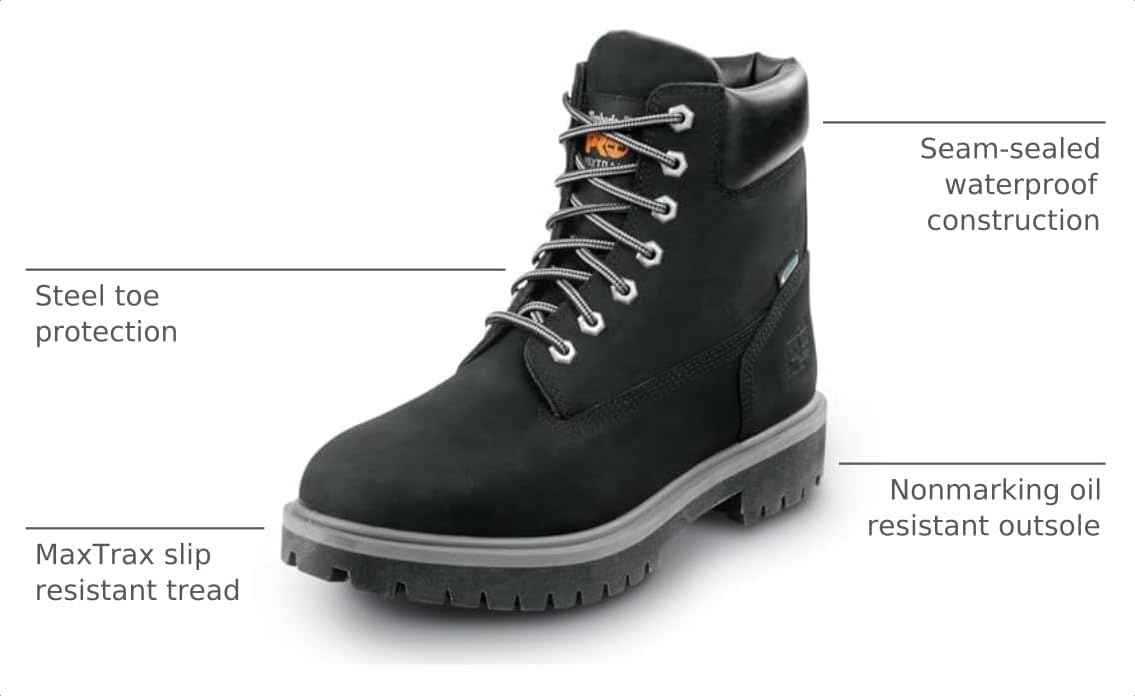 Timberland PRO Men’s 6 Direct Attach MaxTRAX Steel Toe Waterproof Insulated Boot(Black Nubuck/Gray)